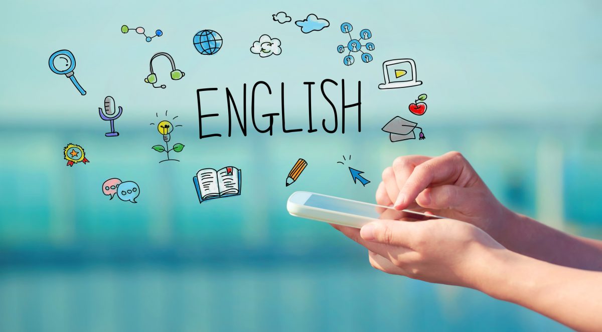 English concept with person holding a smartphone
